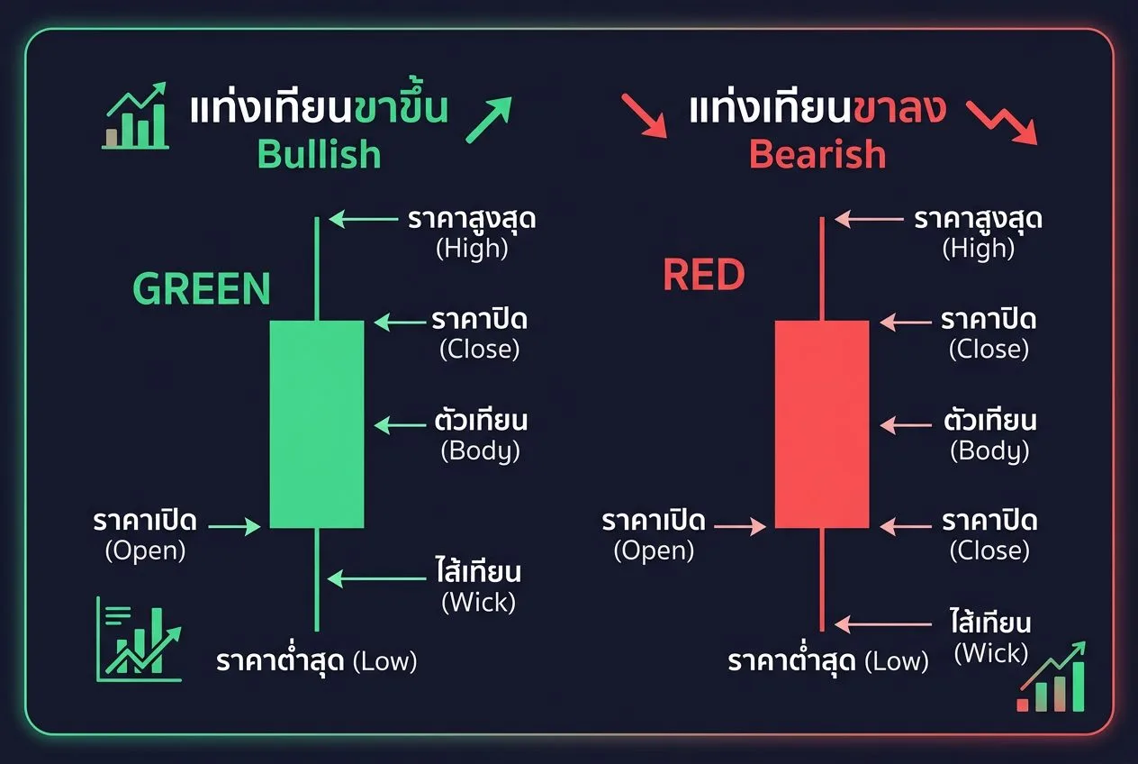 ส่วนประกอบของแท่งเทียน Candlestick Anatomy - ตัวเทียน ไส้เทียน ราคาเปิด ราคาปิด