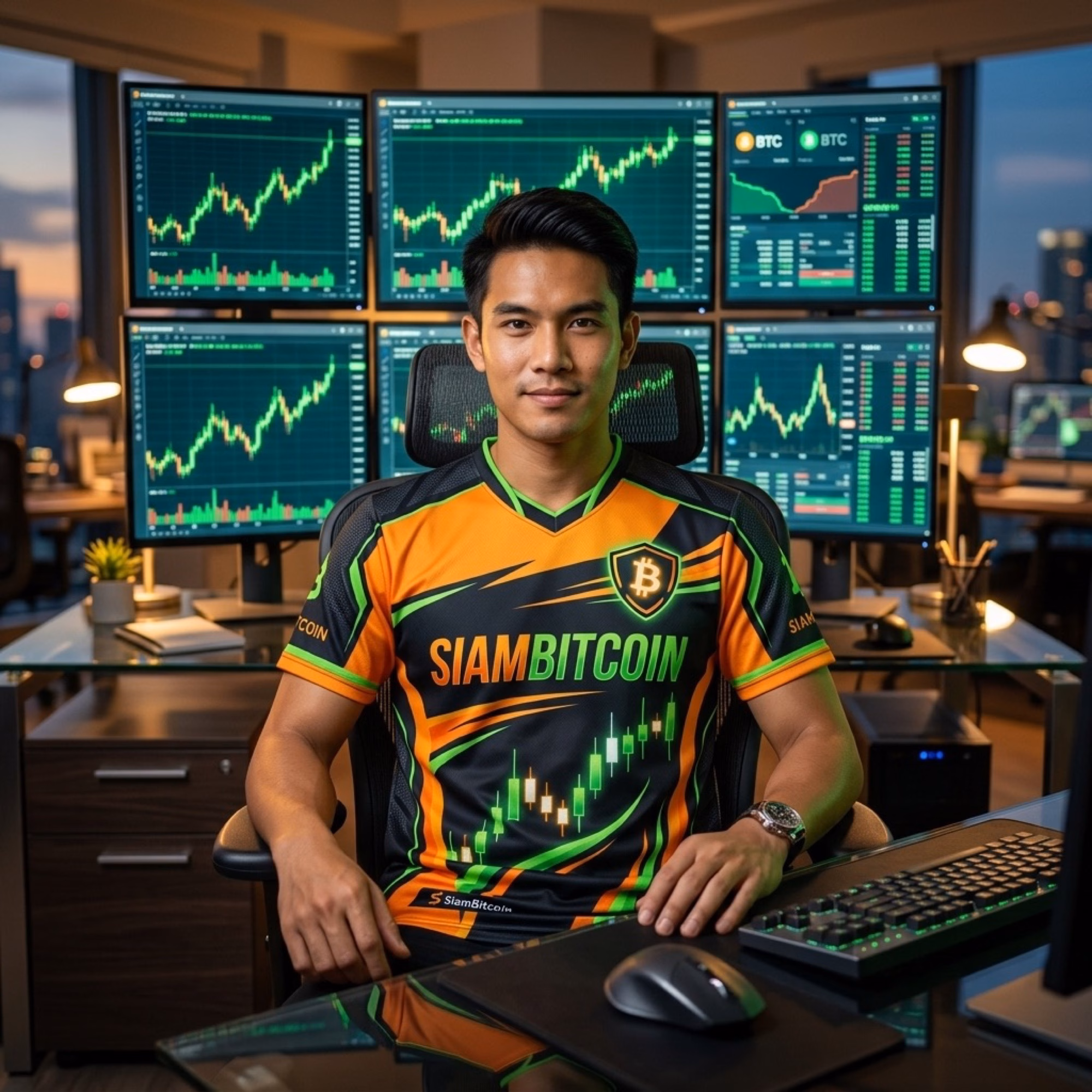 เทรดเดอร์ไทยใส่เสื้อ SiamBitcoin Athlete Trader ที่โต๊ะเทรด