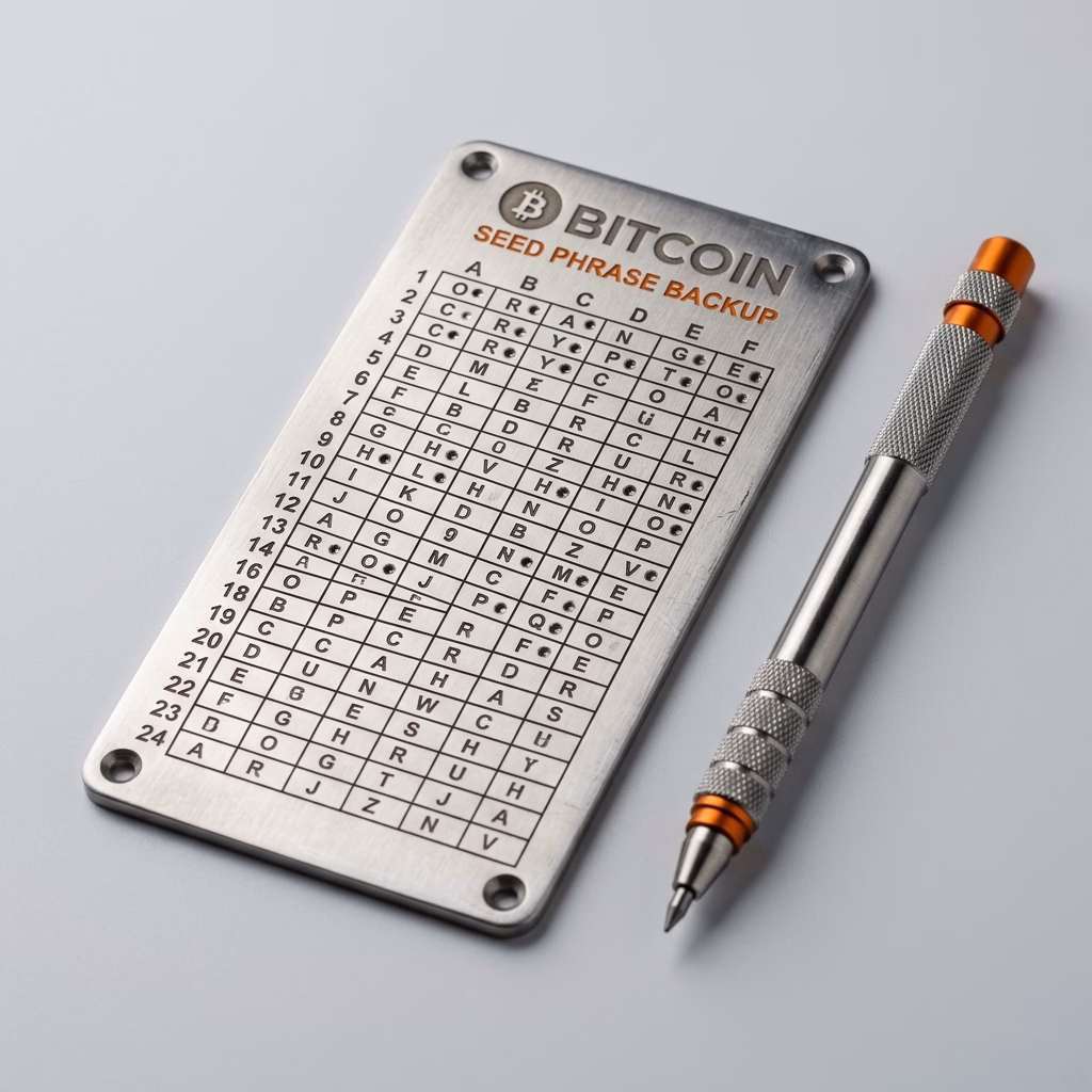 แผ่นเหล็กเก็บ Seed Phrase — Crypto Steel Backup (กันไฟ/กันน้ำ)